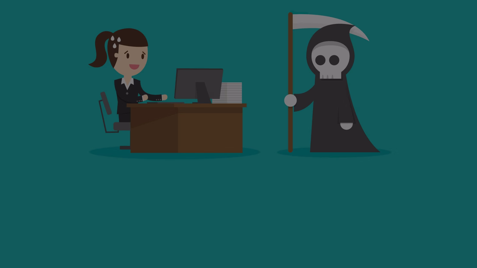 Cartoon grim reaper looking at cartoon woman sat behind desk