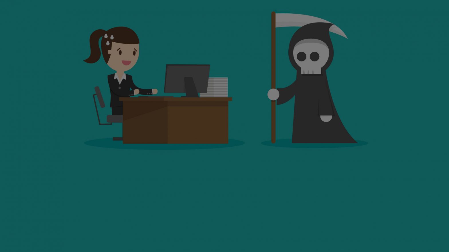 Cartoon grim reaper looking at cartoon woman sat behind desk